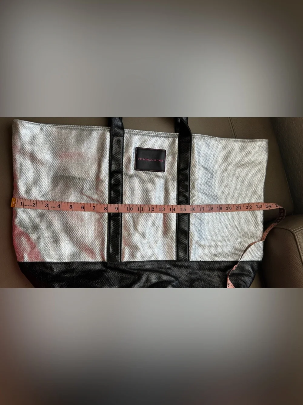 Victoria's Secret Silver Metallic Duffel with Black Trim